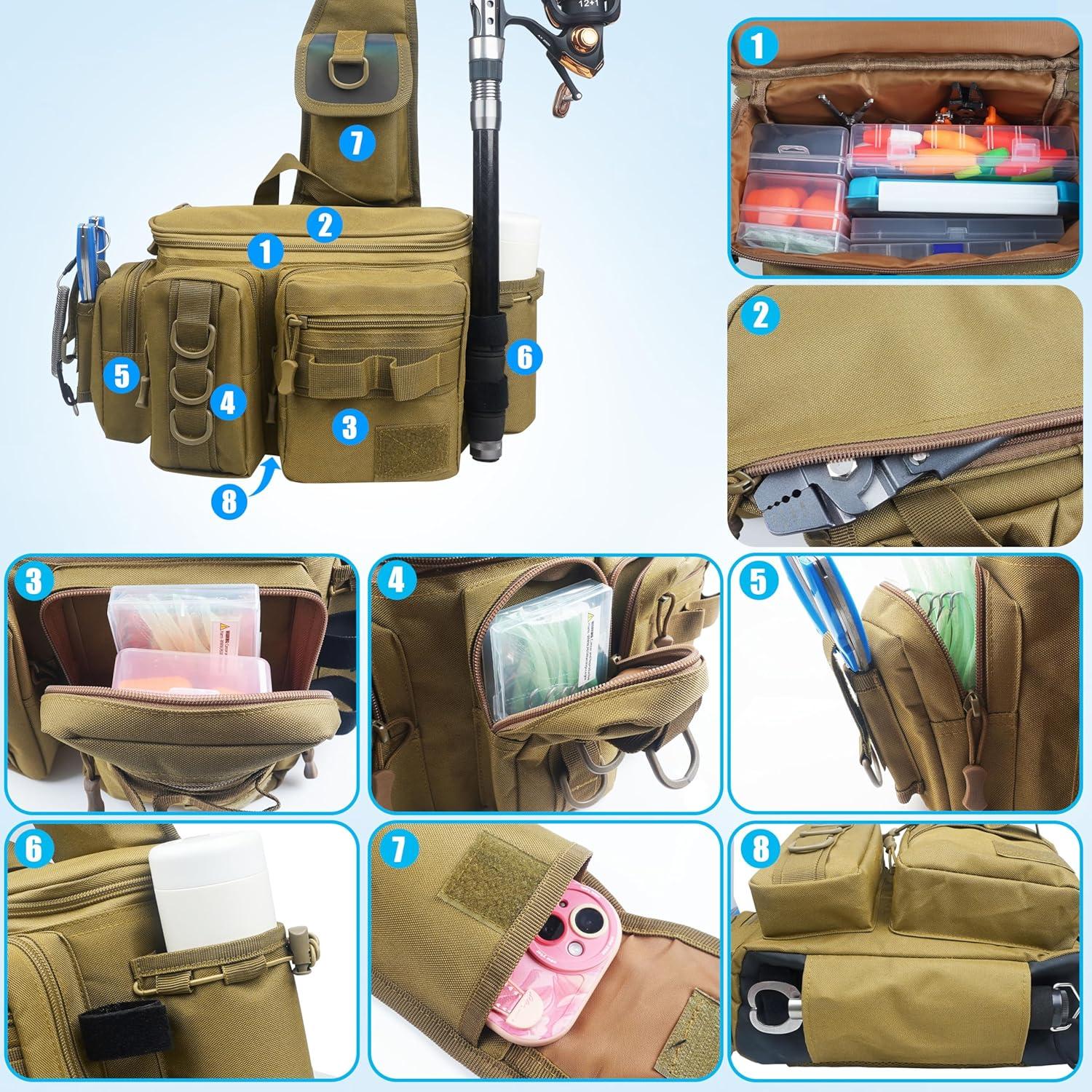 imageOROOTL Fishing Sling Bag with Rod Holder Portable Fishing Backpack Lightweight Fishing Fanny Pack Waterproof Crossbody Fishing Gear Storage Bag for Men Women Gift