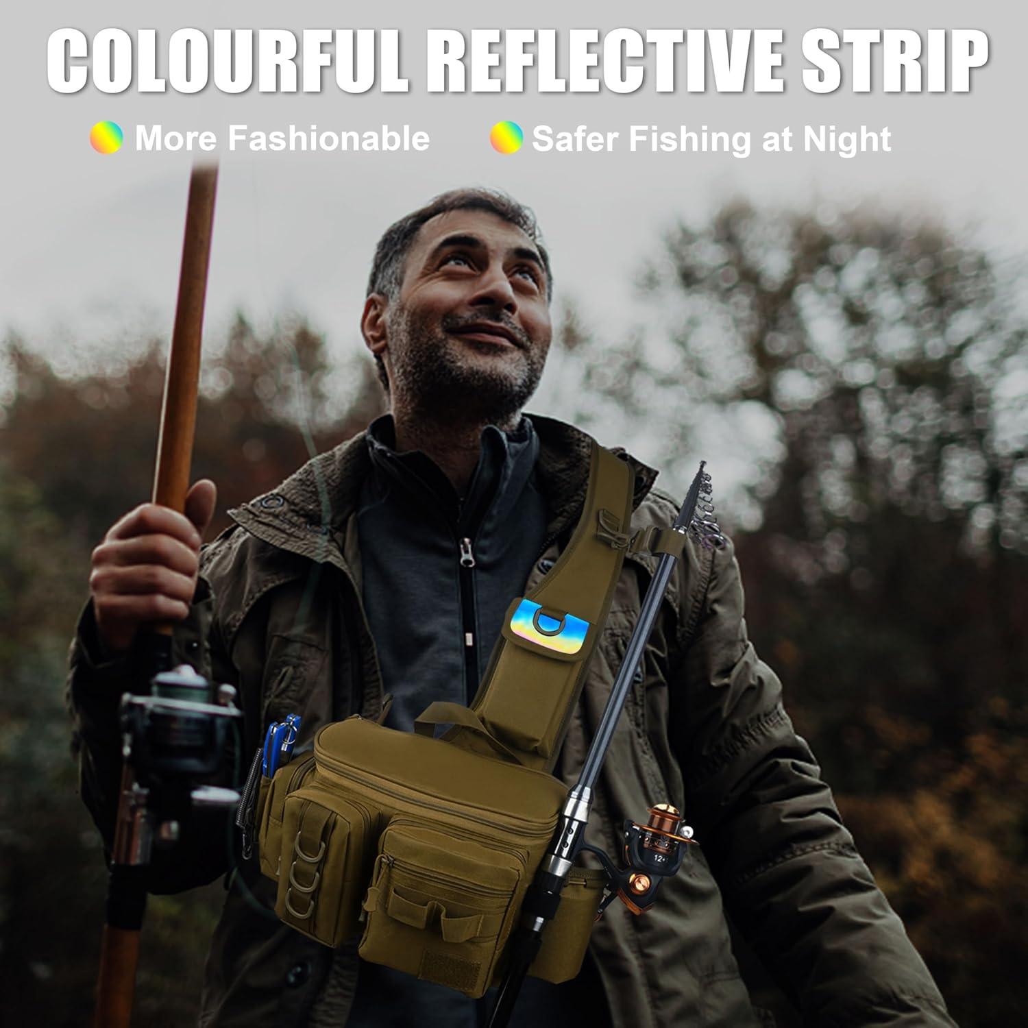 imageOROOTL Fishing Sling Bag with Rod Holder Portable Fishing Backpack Lightweight Fishing Fanny Pack Waterproof Crossbody Fishing Gear Storage Bag for Men Women Gift