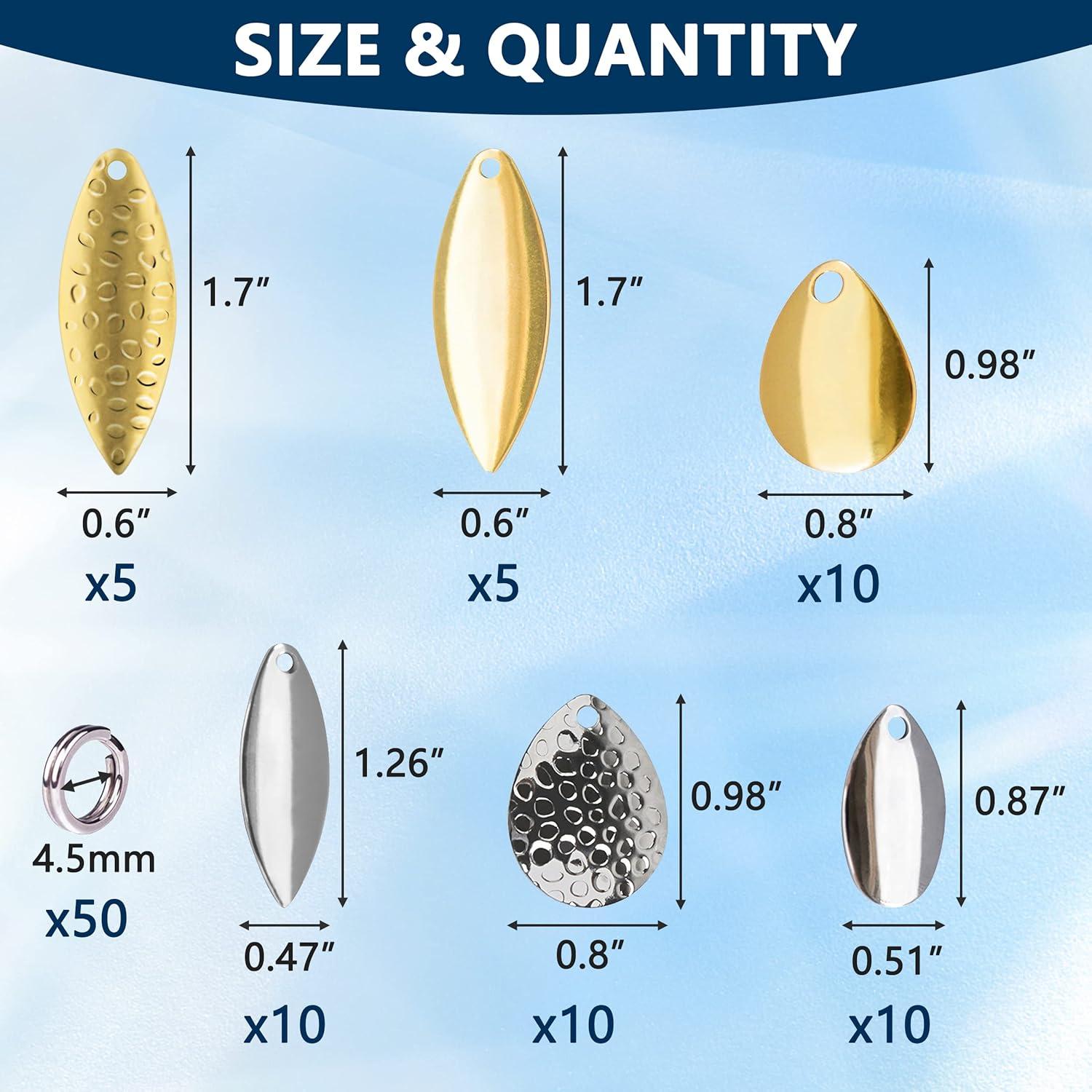 imageOROOTL Fishing Spinner Blades Split Rings Kit 100pcs Colorado Willow Blades Lure Rings Set Gold Silver Spoon Easy Spin Spinner Bait Making Freshwater Saltwater Walleye Rig Inline DIY Accessories