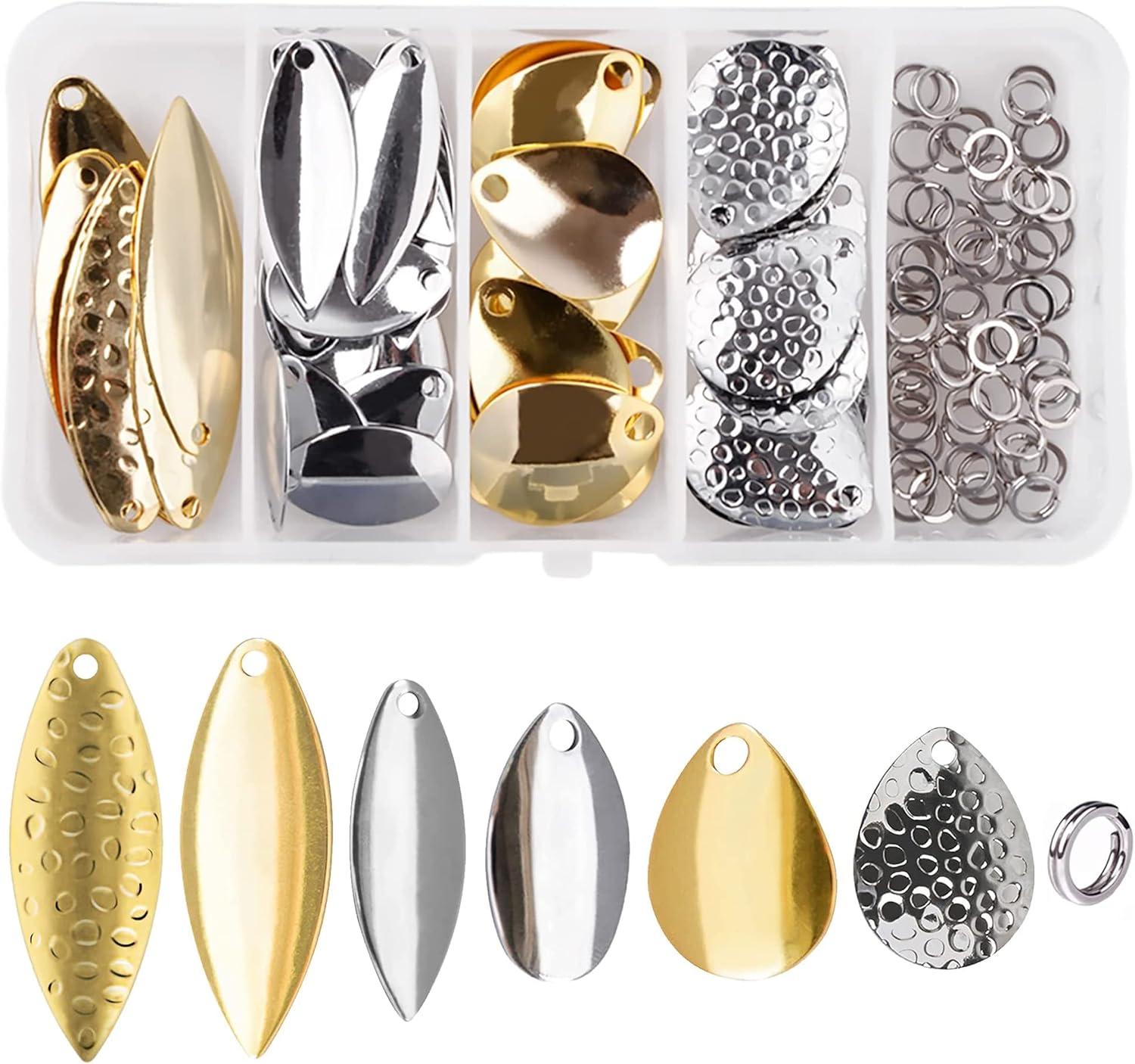 imageOROOTL Fishing Spinner Blades Split Rings Kit 100pcs Colorado Willow Blades Lure Rings Set Gold Silver Spoon Easy Spin Spinner Bait Making Freshwater Saltwater Walleye Rig Inline DIY Accessories