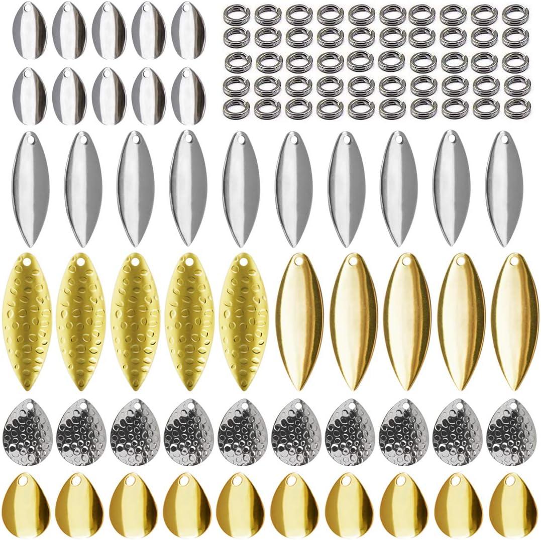 imageOROOTL Fishing Spinner Blades Split Rings Kit 100pcs Colorado Willow Blades Lure Rings Set Gold Silver Spoon Easy Spin Spinner Bait Making Freshwater Saltwater Walleye Rig Inline DIY Accessories
