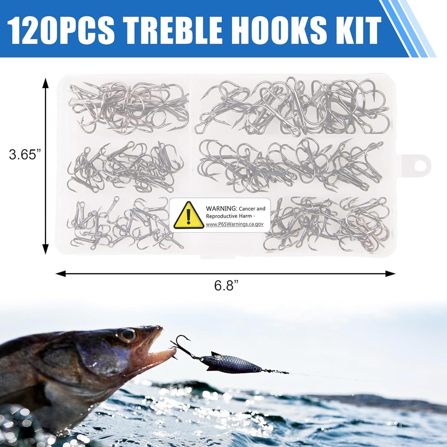 imageOROOTL Fishing Treble Hooks Kit 120pcs Assorted Classic High Carbon Steel Treble Fishing Hooks Size 1 2 4 6 8 10 Round Bend Triple Hook for Saltwater Freshwater
