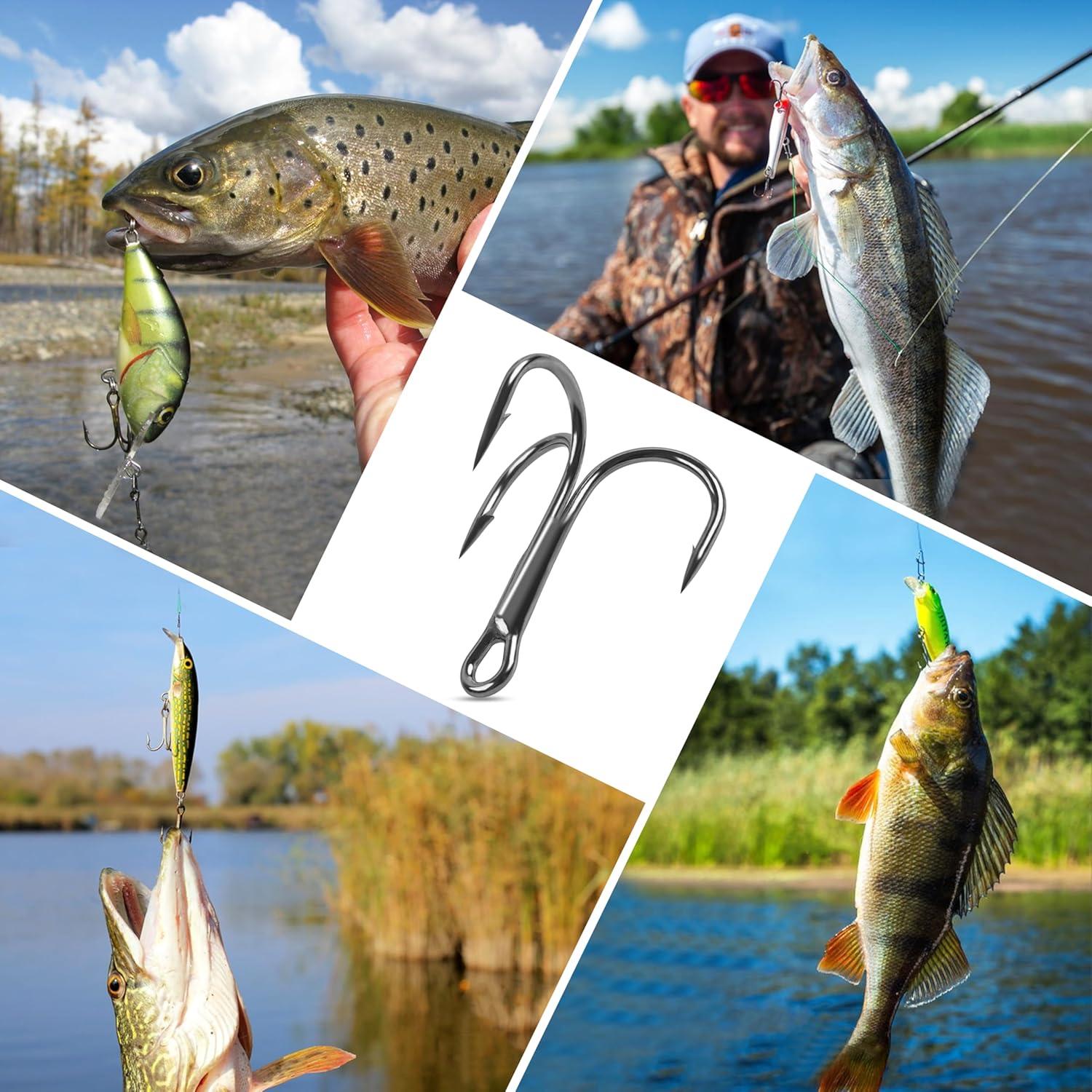 imageOROOTL Fishing Treble Hooks Kit 120pcs Assorted Classic High Carbon Steel Treble Fishing Hooks Size 1 2 4 6 8 10 Round Bend Triple Hook for Saltwater Freshwater