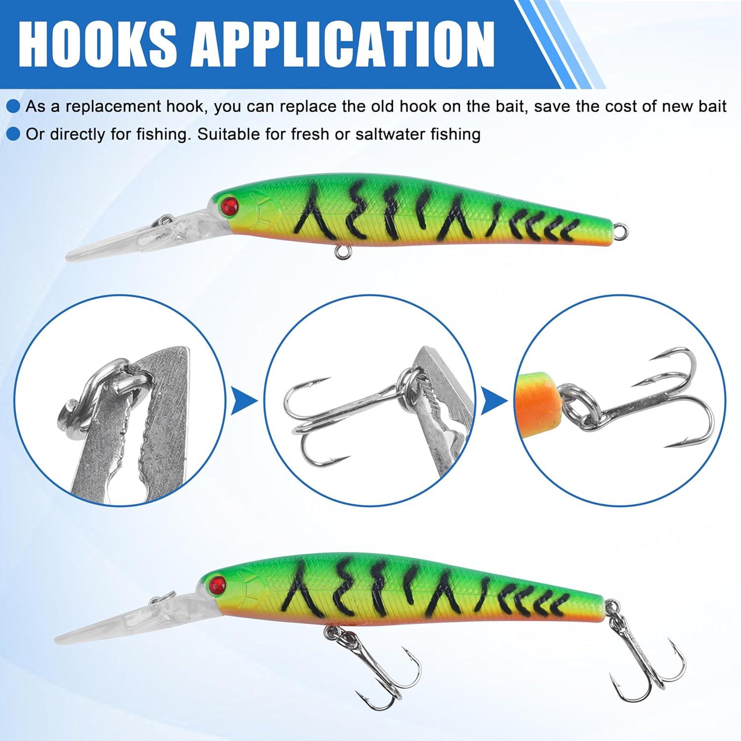imageOROOTL Fishing Treble Hooks Kit 120pcs Assorted Classic High Carbon Steel Treble Fishing Hooks Size 1 2 4 6 8 10 Round Bend Triple Hook for Saltwater Freshwater