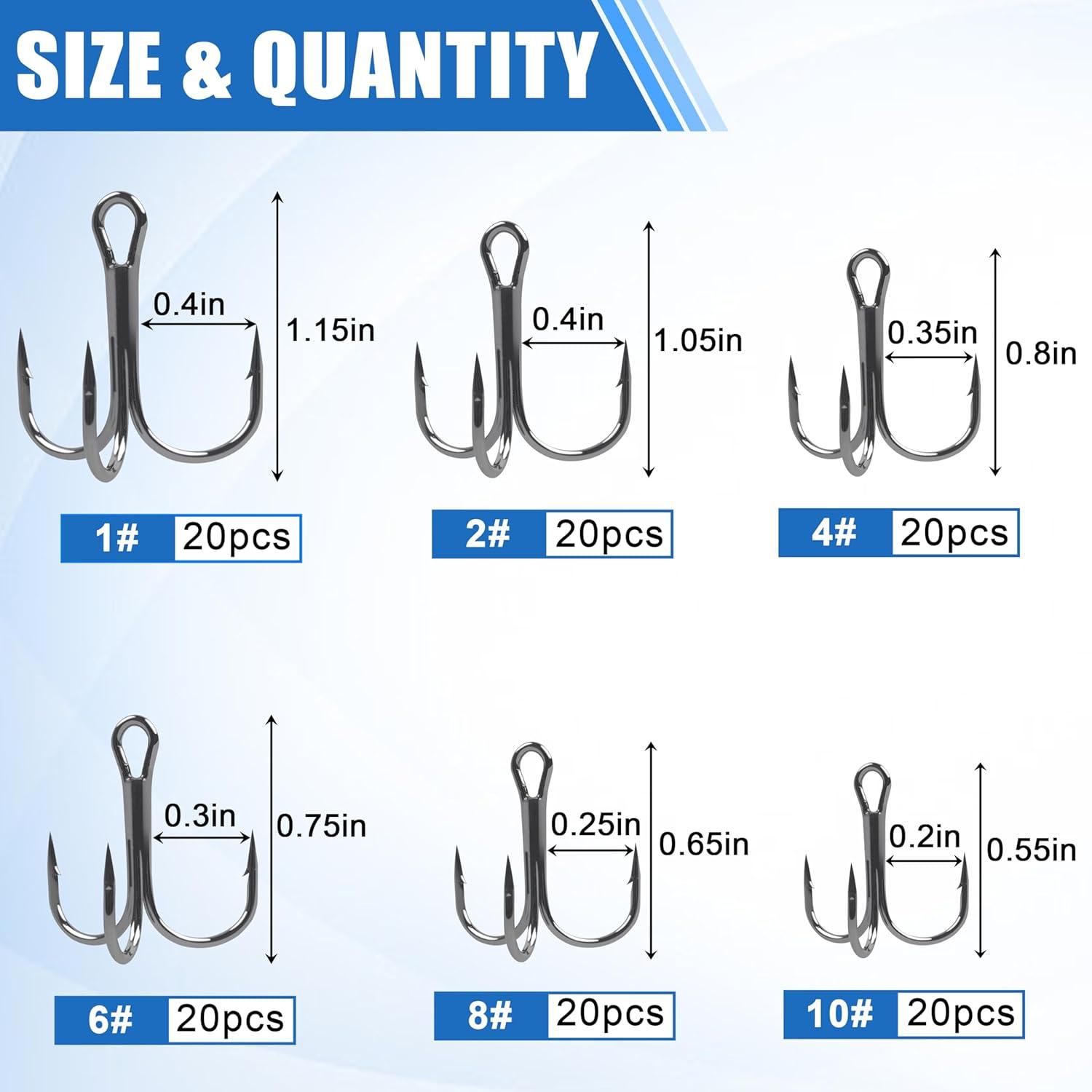 imageOROOTL Fishing Treble Hooks Kit 120pcs Assorted Classic High Carbon Steel Treble Fishing Hooks Size 1 2 4 6 8 10 Round Bend Triple Hook for Saltwater Freshwater