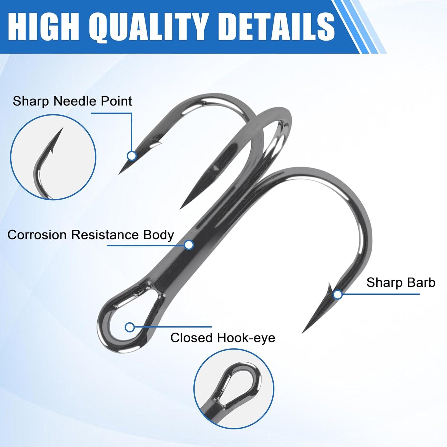 imageOROOTL Fishing Treble Hooks Kit 120pcs Assorted Classic High Carbon Steel Treble Fishing Hooks Size 1 2 4 6 8 10 Round Bend Triple Hook for Saltwater Freshwater