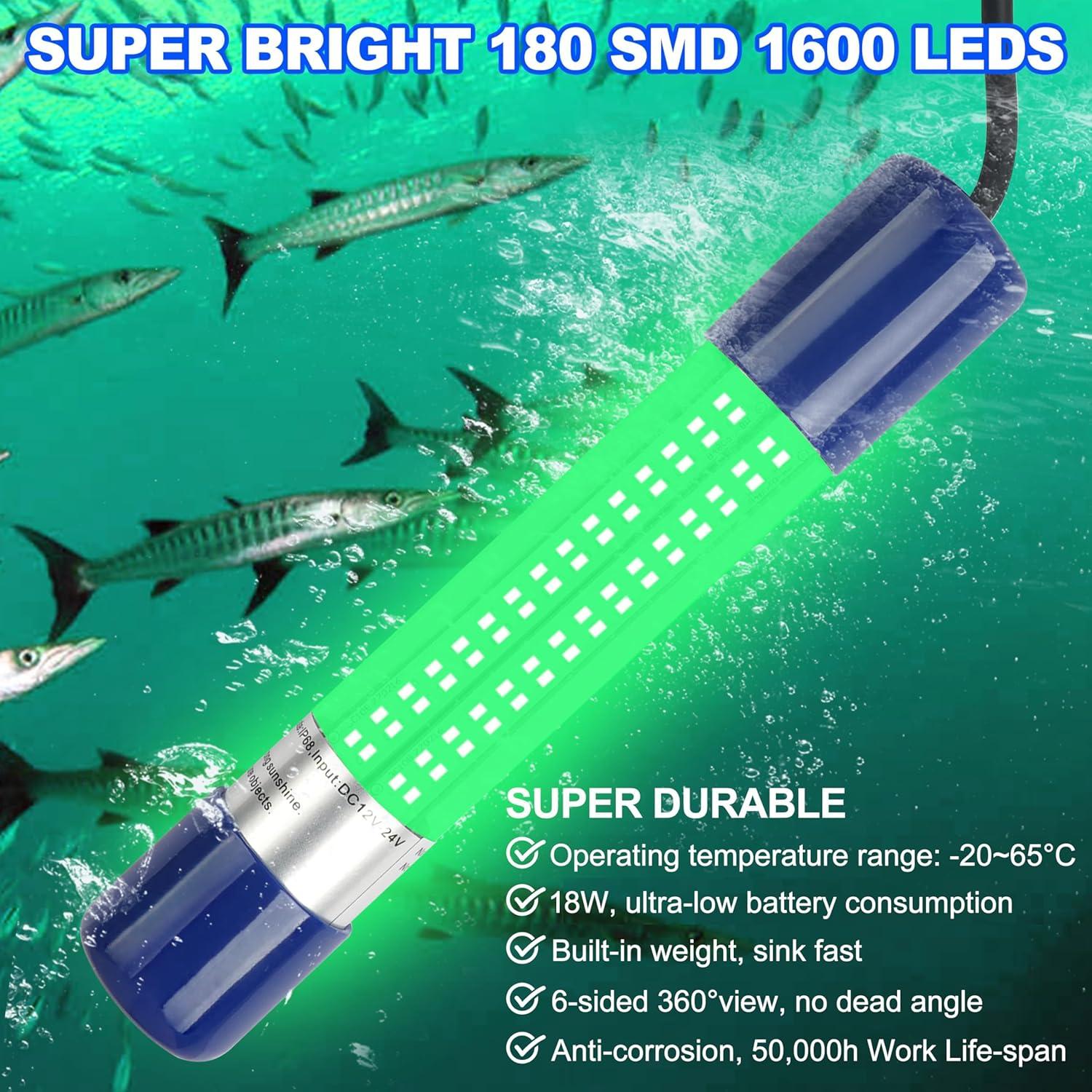 imageOROOTL Underwater Fishing Light Super Bright 108W 12V24V 180 LED Submersible Fishing Bait Finder Lamp Deep Drop Fish Light for Nigh Fishing Boat Dock Shrimp Prawns Squid Fish CrowdGreen