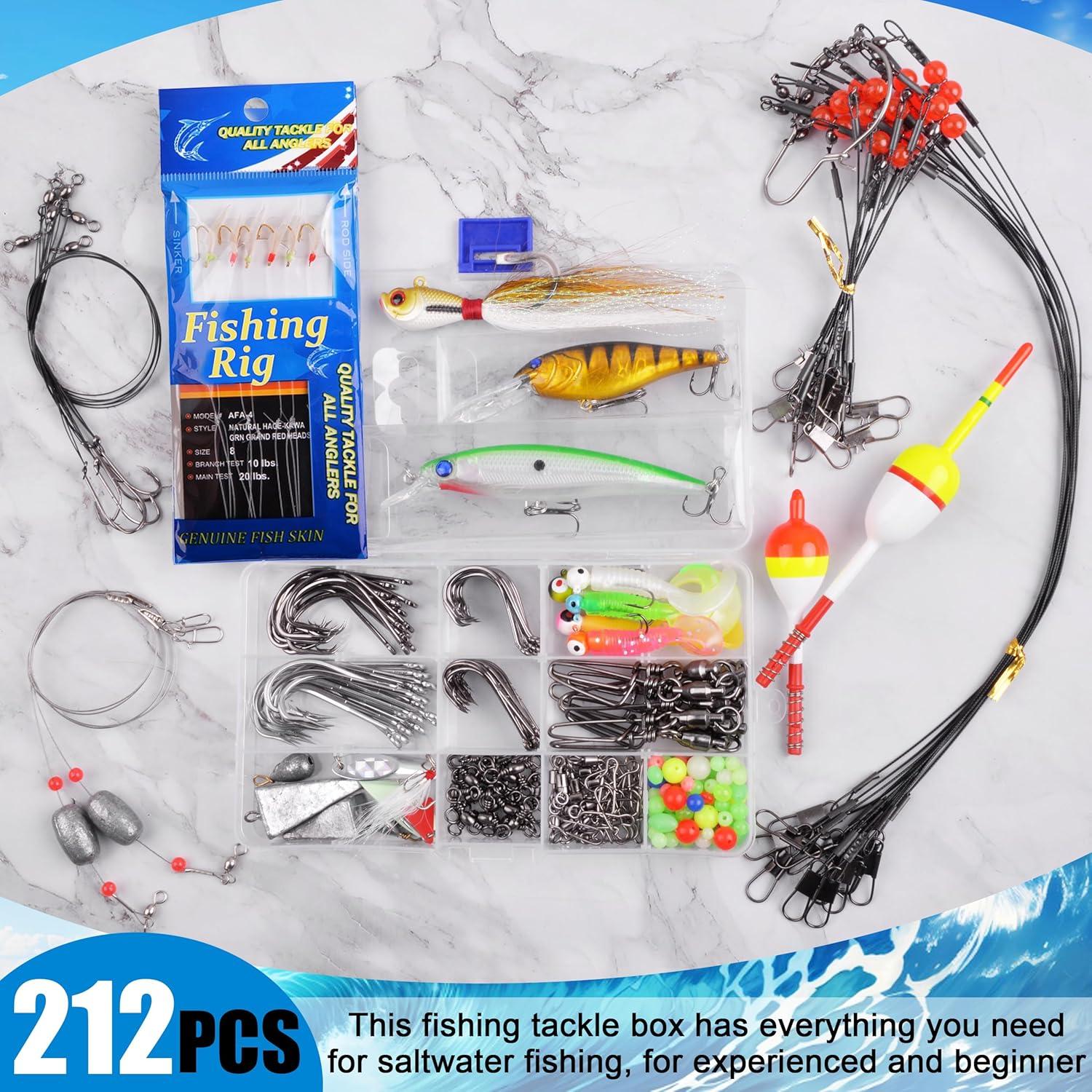 imageSaltwater Fishing Tackle Box 212pcs Surf Fishing Gear Kit Saltwater Lures Bait Rigs Bucktail Jigs Spoon Crankbait Pyramid Sinkers Hooks Swivels Perfect Fishermen Gifts