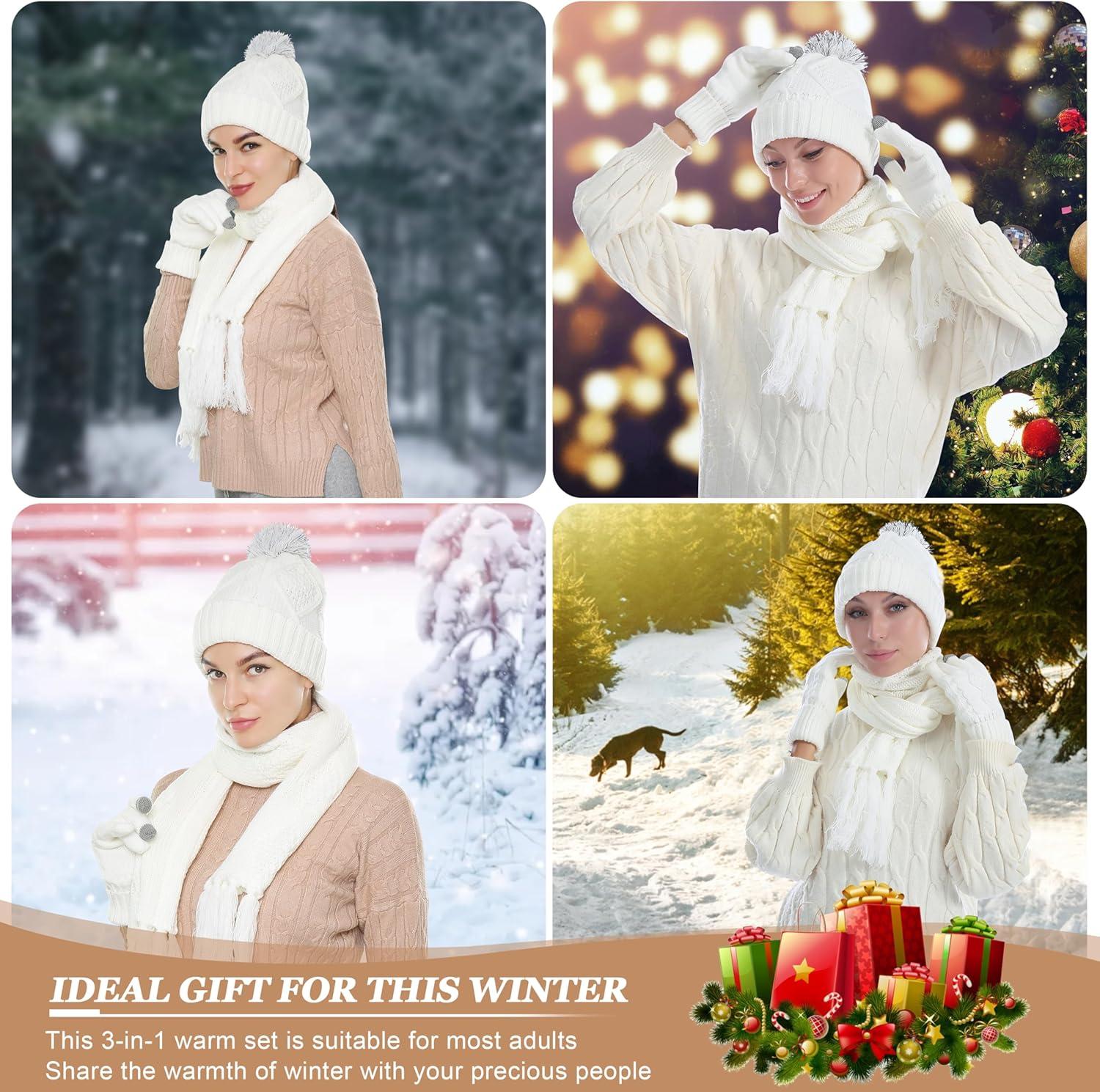 imageWinter Scarf Gloves and Hat Set for Women Beanie Hat Long Scarf Touchscreen Gloves Warm 3 in 1 Set for Womens GirlsWhitediamond Pattern
