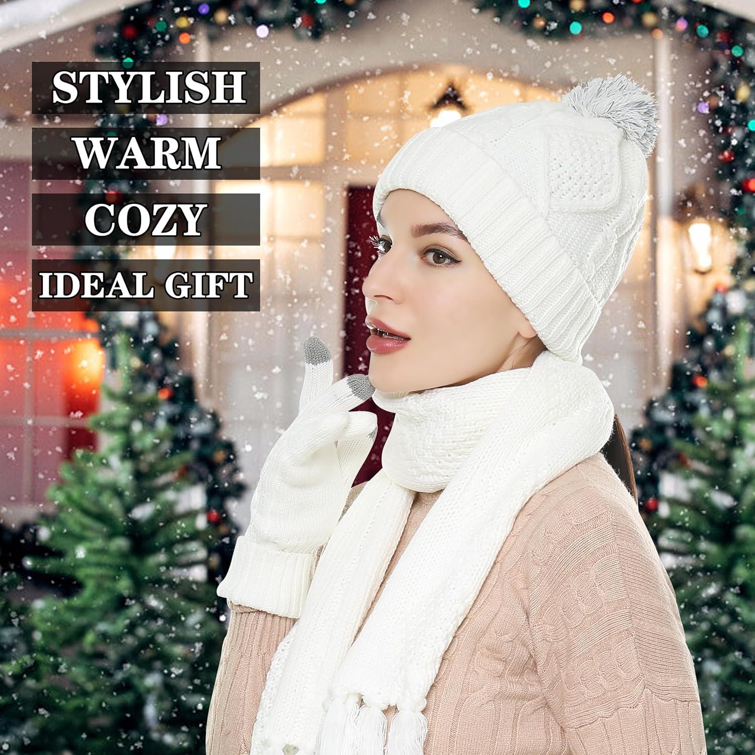 imageWinter Scarf Gloves and Hat Set for Women Beanie Hat Long Scarf Touchscreen Gloves Warm 3 in 1 Set for Womens GirlsWhitediamond Pattern