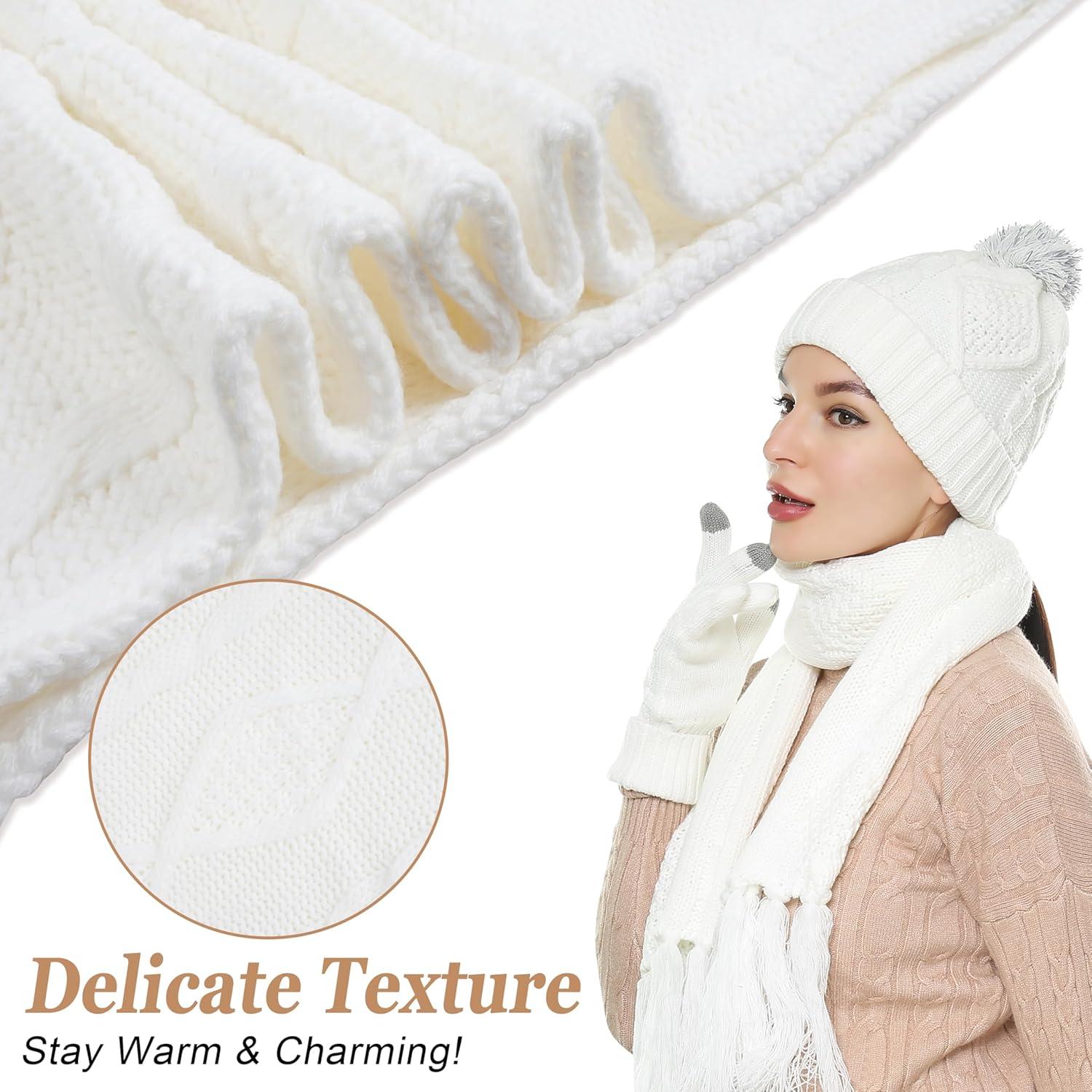 imageWinter Scarf Gloves and Hat Set for Women Beanie Hat Long Scarf Touchscreen Gloves Warm 3 in 1 Set for Womens GirlsWhitediamond Pattern