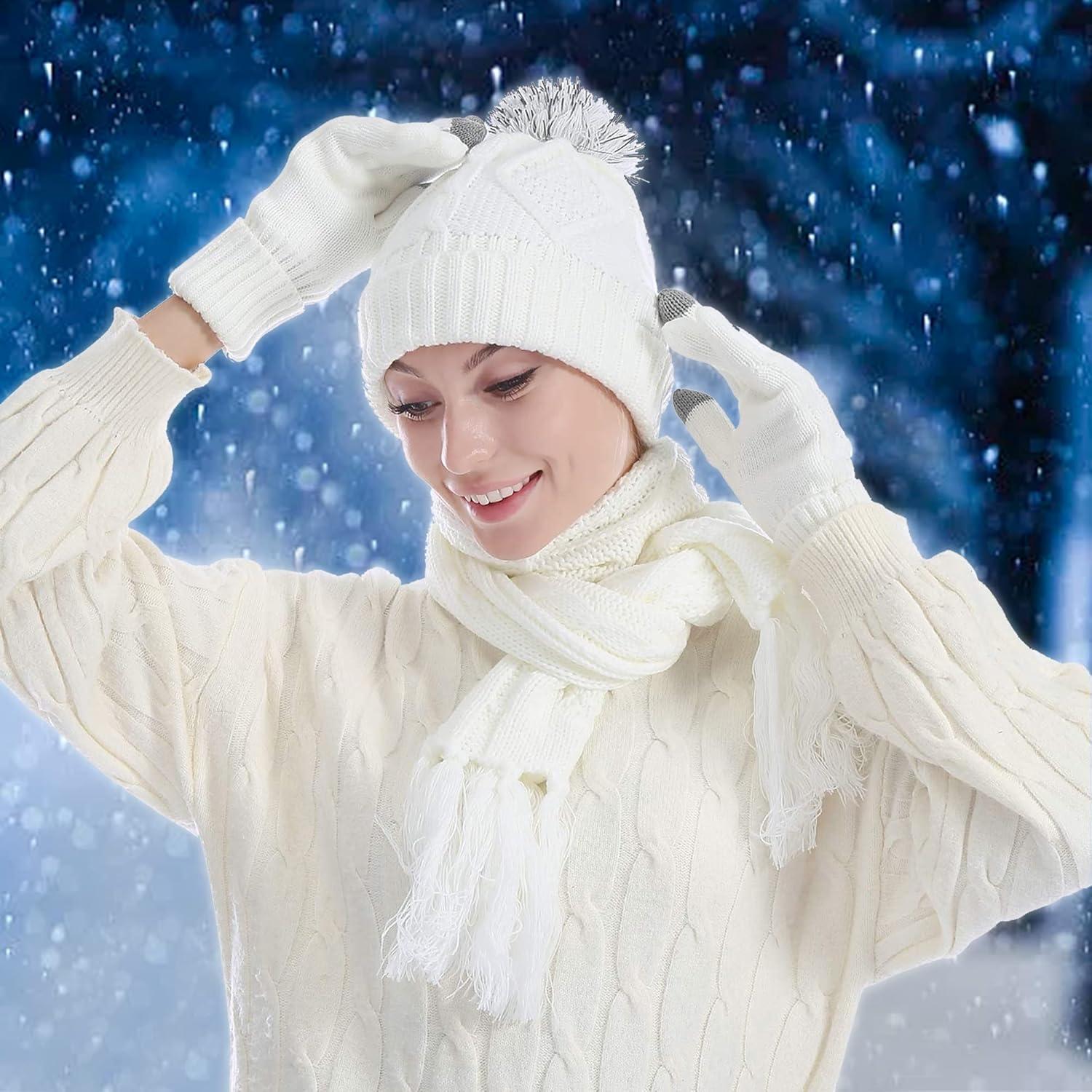 imageWinter Scarf Gloves and Hat Set for Women Beanie Hat Long Scarf Touchscreen Gloves Warm 3 in 1 Set for Womens GirlsWhitediamond Pattern