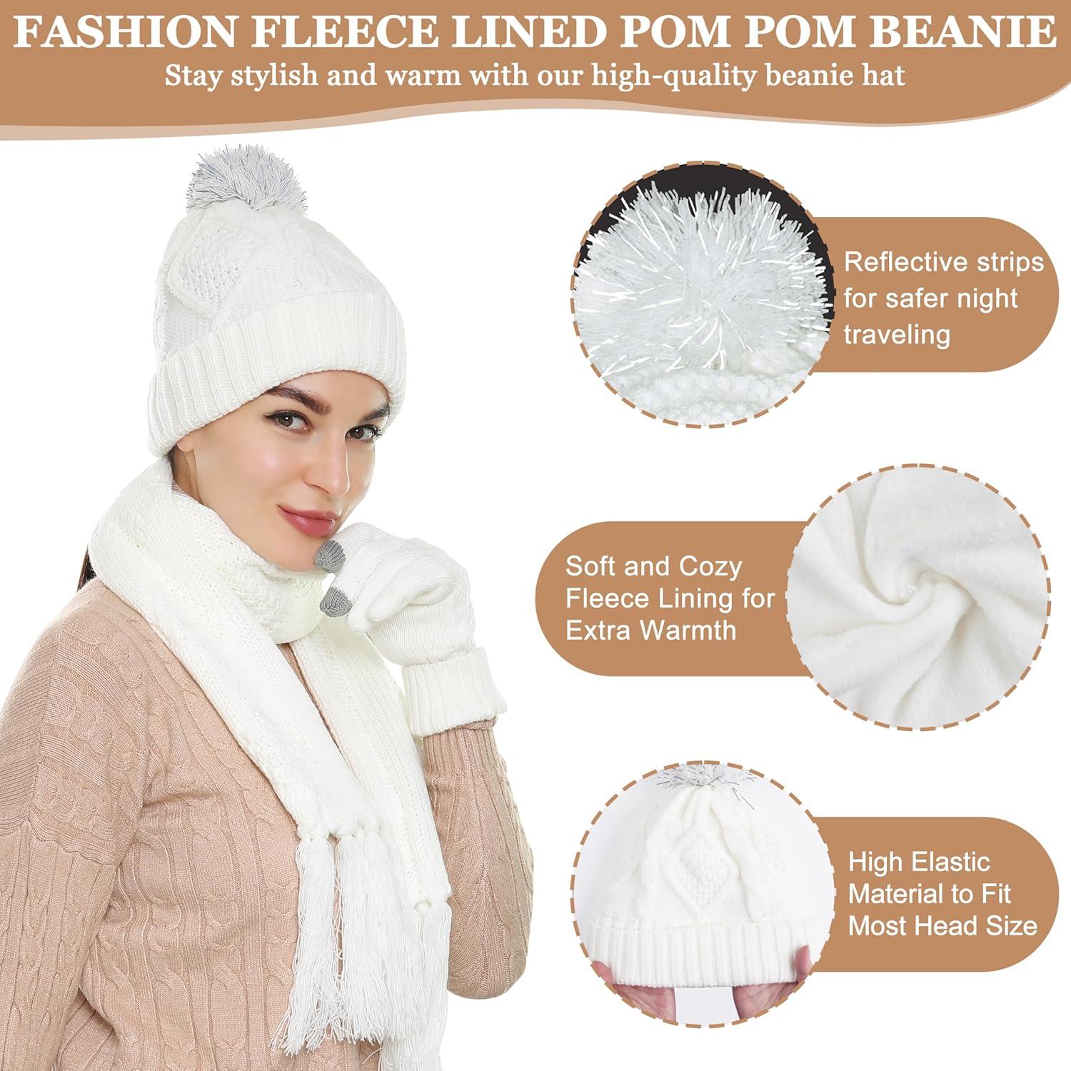 imageWinter Scarf Gloves and Hat Set for Women Beanie Hat Long Scarf Touchscreen Gloves Warm 3 in 1 Set for Womens GirlsWhitediamond Pattern