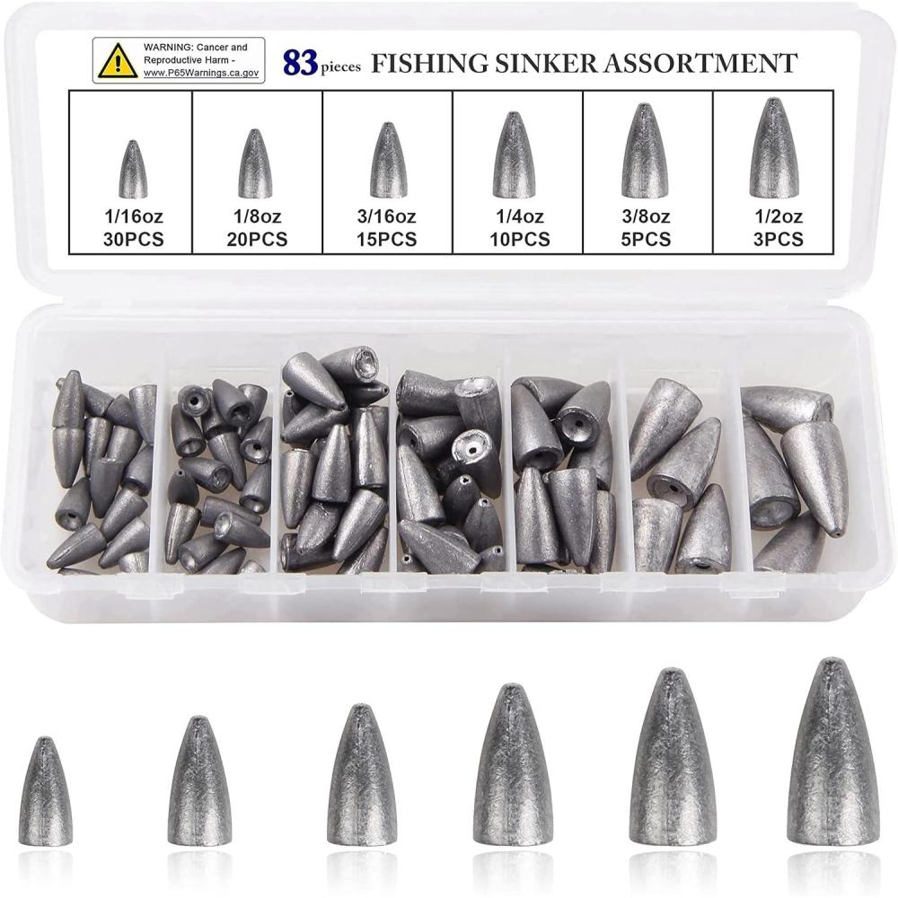 imageBullet Sinkers Fishing Weights Kit 2983pcs Fishing Sinkers Weights Set Assorted Slip Sinker Worm Weights for Bass Fishing Saltwater Freshwater83pcsunpainted