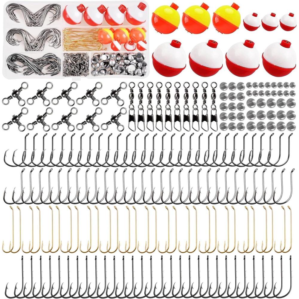 imageFishing Hooks Bobbers Tackle Kit 200pcs Basic Fishing Gear Box Included Octopus Circle Baitholder Hooks Float Bobbers Weights Swivel Snaps Starter Set for Freshwater