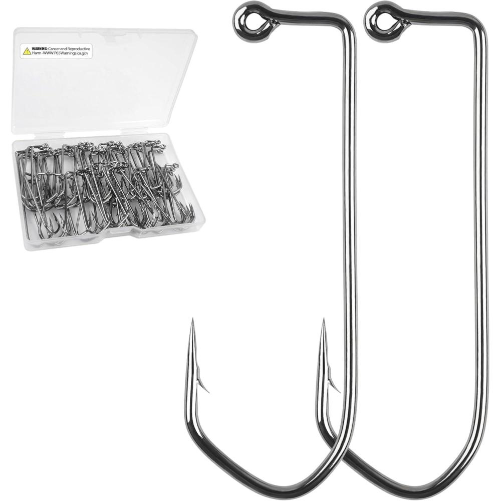 imageOROOTL 90 Degree Hooks Kit 100PCS Aberdeen Round Bend Fishing Hooks Heavy Wire Jig Fishing Hooks Long Shank Forged Duratin Barbarian Hooks High Carbon Steel Jig Hooks60100pcs