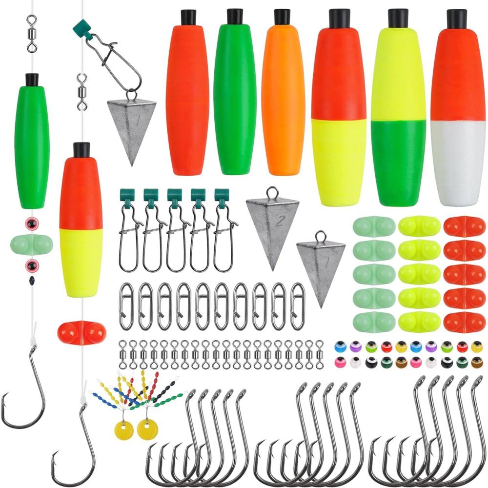 imageOROOTL Catfishing Tackle Making Kit 95pcs Catfish Rig Equipment with Peg Floats Rattles Hooks Pyramid Weights Sinker Slides Swivels Snaps Beads Bobber Stops