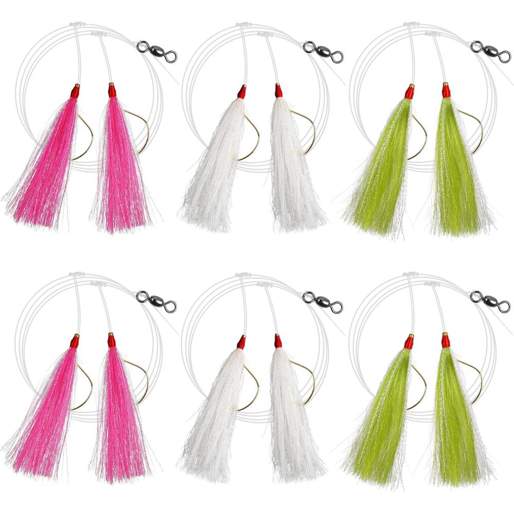 imageOROOTL Fishing Bait Rigs Saltwater 6pcs Fishing Rigs Flounder Rigs with Bucktail Teaser Mylar Teaser Saltwater Fishing Rigs Hi Lo Rig for Sea Bass Halibut Surf Ocean FishingBucktail6pcs