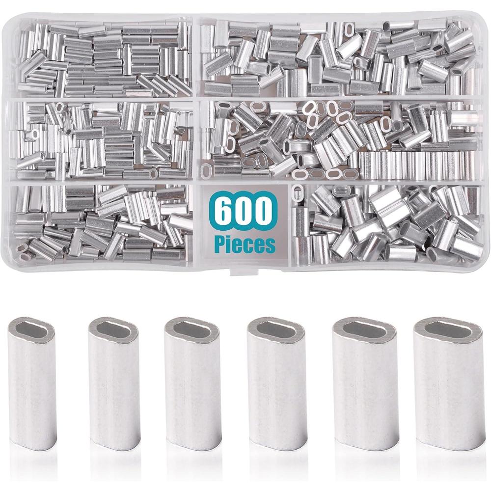 imageOROOTL Fishing Crimp Sleeves Kit 600pcs Single Barrel Crimp Sleeves Assortment Aluminum Fishing Line Crimping Sleeves Oval Fishing Loop Sleeves Tube Connector Wire Rope Cable Leader Rigging Tackle