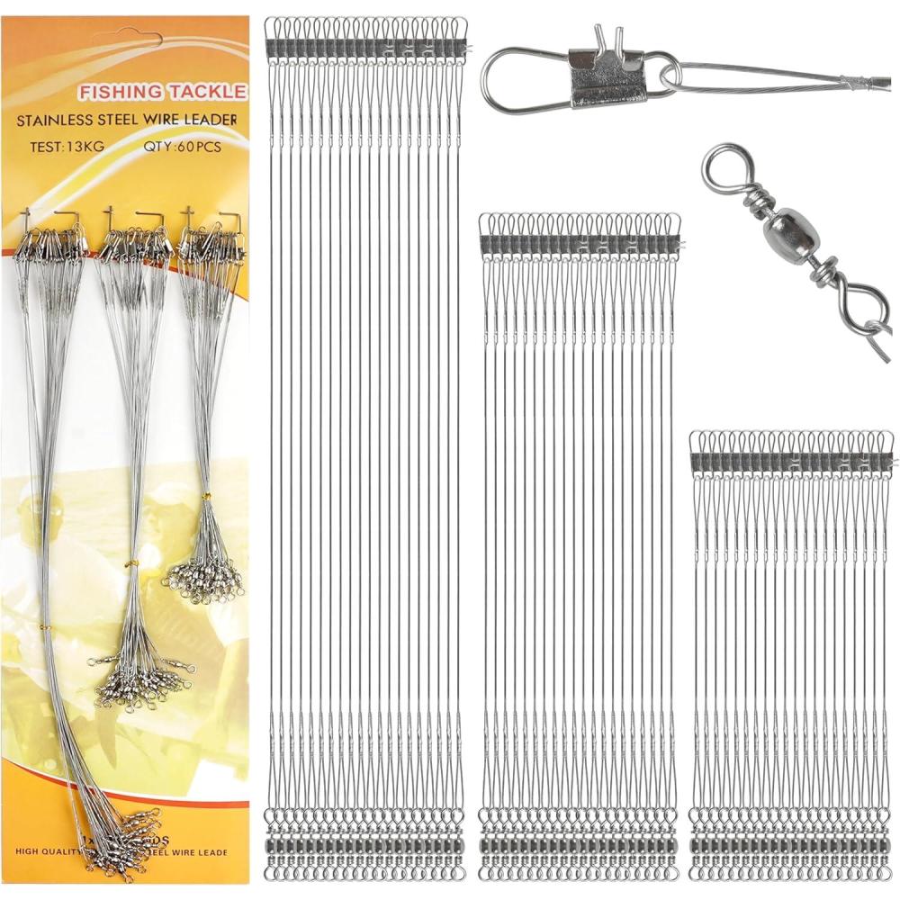imageOROOTL Fishing Leaders Kit 60pcs Stainless Steel Fishing Leaders Saltwater Wire Leader Lines with Swivels Snaps Fishing Tackle Lures Bait Hook ConnectorSilver681060PCS