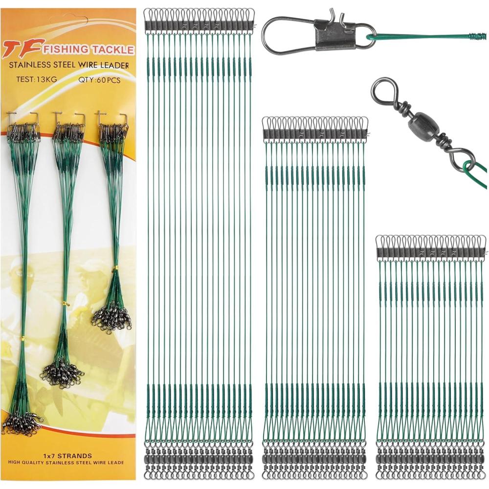 imageOROOTL Fishing Leaders Kit 60pcs Stainless Steel Fishing Leaders Saltwater Wire Leader Lines with Swivels Snaps Fishing Tackle Lures Bait Hook ConnectorGreen681060PCS