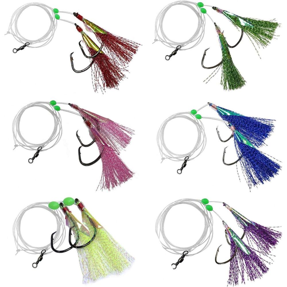 imageOROOTL Fishing Rigs Saltwater Freshwater Fishing Bait Rigs Flasher Lures Bait Baitfish Rig with Sharp Hooks Glow in The Dark Beads Fish Skin Barrel Swivel Trolling Rig Lures for Sea Bass Trout Perch