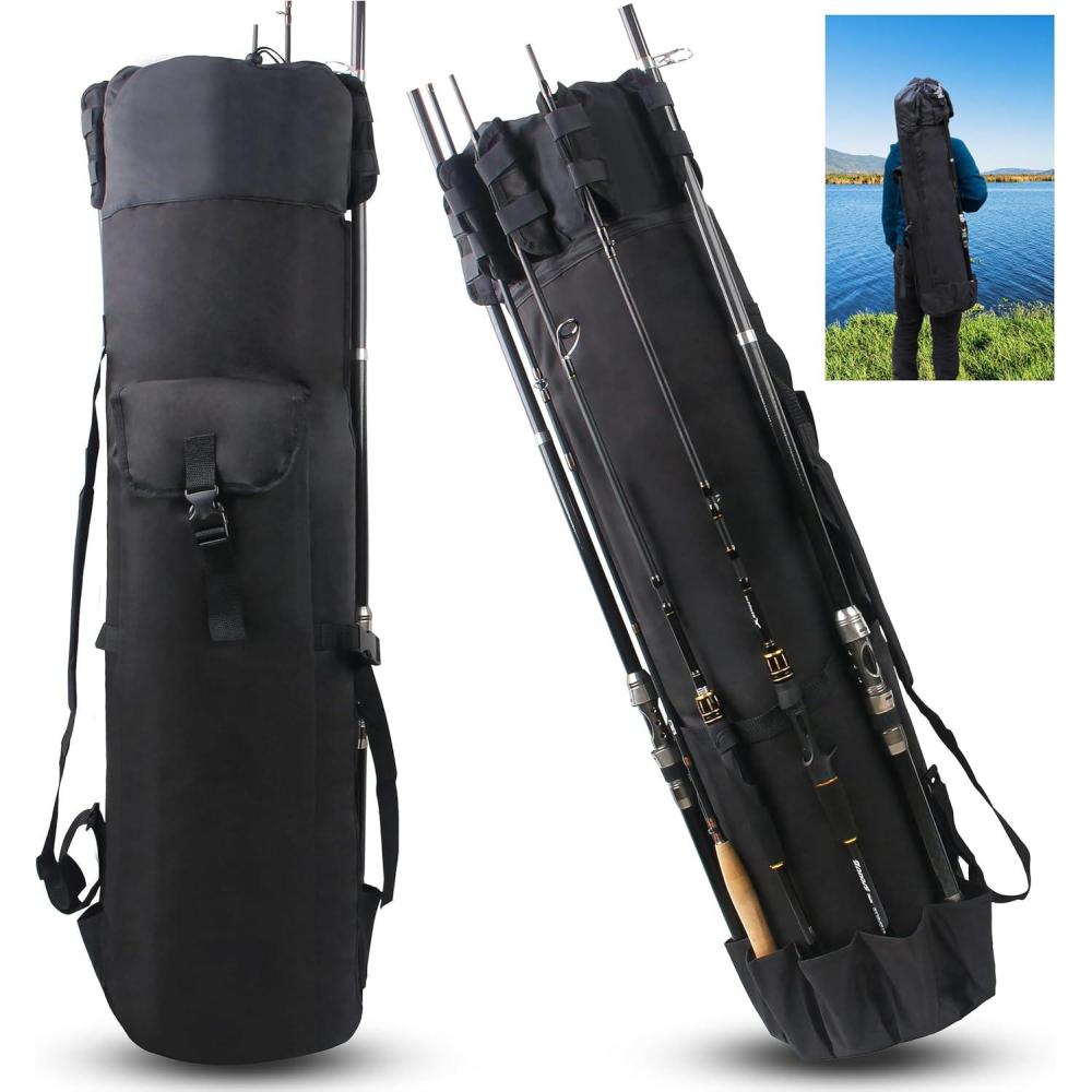 imageOROOTL Fishing Rod Bag Portable Fishing Pole Storage Backpack Foldable Rod and Reel Travel Case Hold 5 Poles Carry Organizer Fishing Accessories Fisherman GiftsBlack