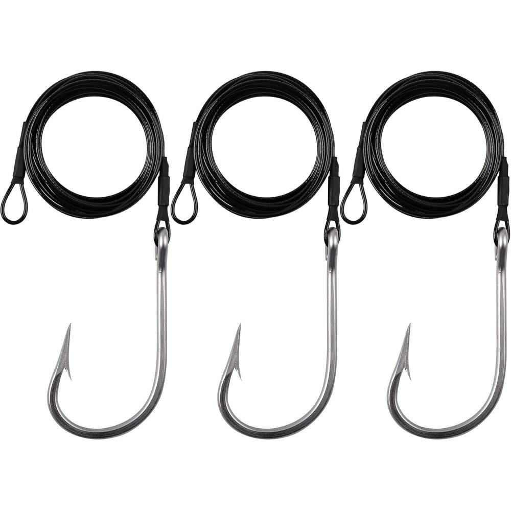 imageOROOTL Fishing Shark Hook Rigs 3pcs Surf Fishing Rigs Stainless Steel Wire Leader with Tuna Hooks Big Game Deep Sea Gear for Shark Tuna Halibut503pcs