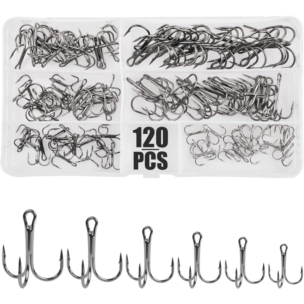 imageOROOTL Fishing Treble Hooks Kit 120pcs Assorted Classic High Carbon Steel Treble Fishing Hooks Size 1 2 4 6 8 10 Round Bend Triple Hook for Saltwater Freshwater
