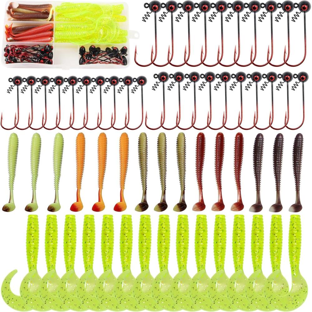 imageOROOTL Shaky Heads Grub Lures Kit 60pcs Tungsten Shaky Head Jig Hooks Soft Baits for Bass Fishing Shakeyhead Jigs with Spring Screw Lock 14oz 18oz 116oz