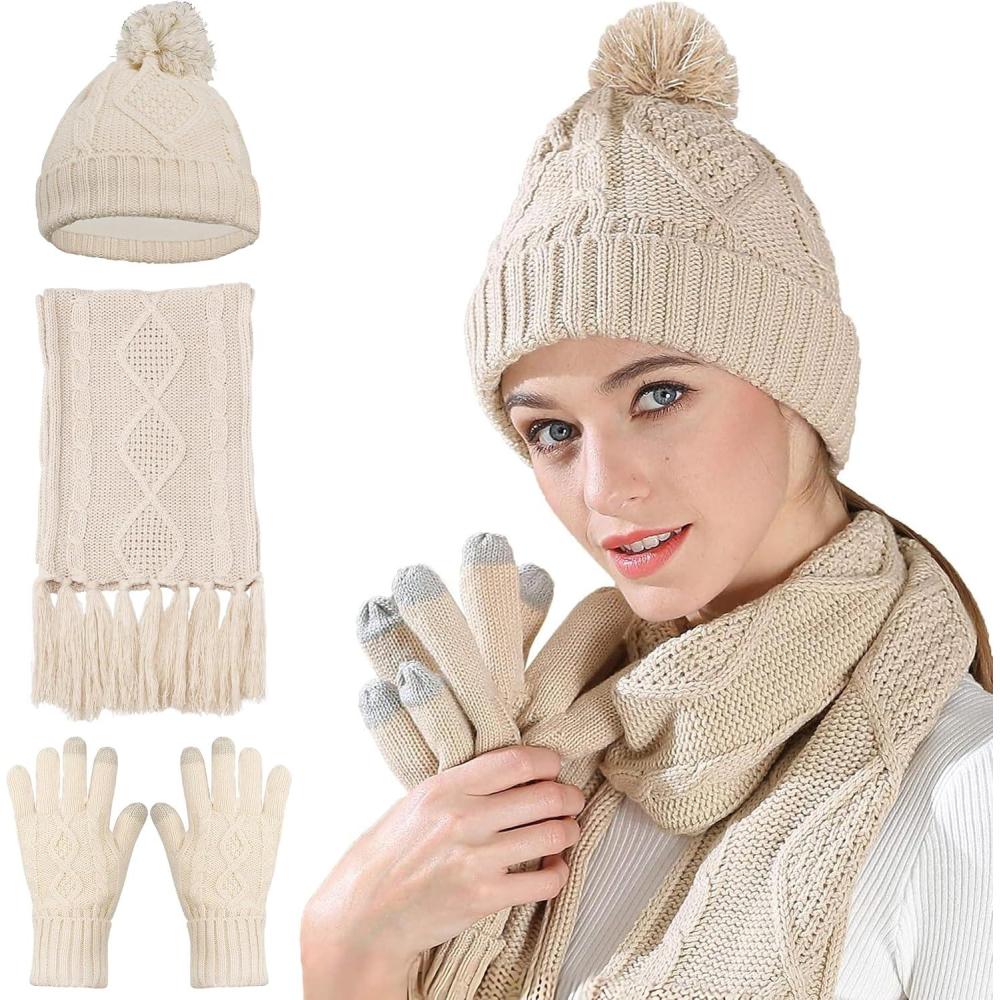 imageWinter Scarf Gloves and Hat Set for Women Beanie Hat Long Scarf Touchscreen Gloves Warm 3 in 1 Set for Womens GirlsBeige