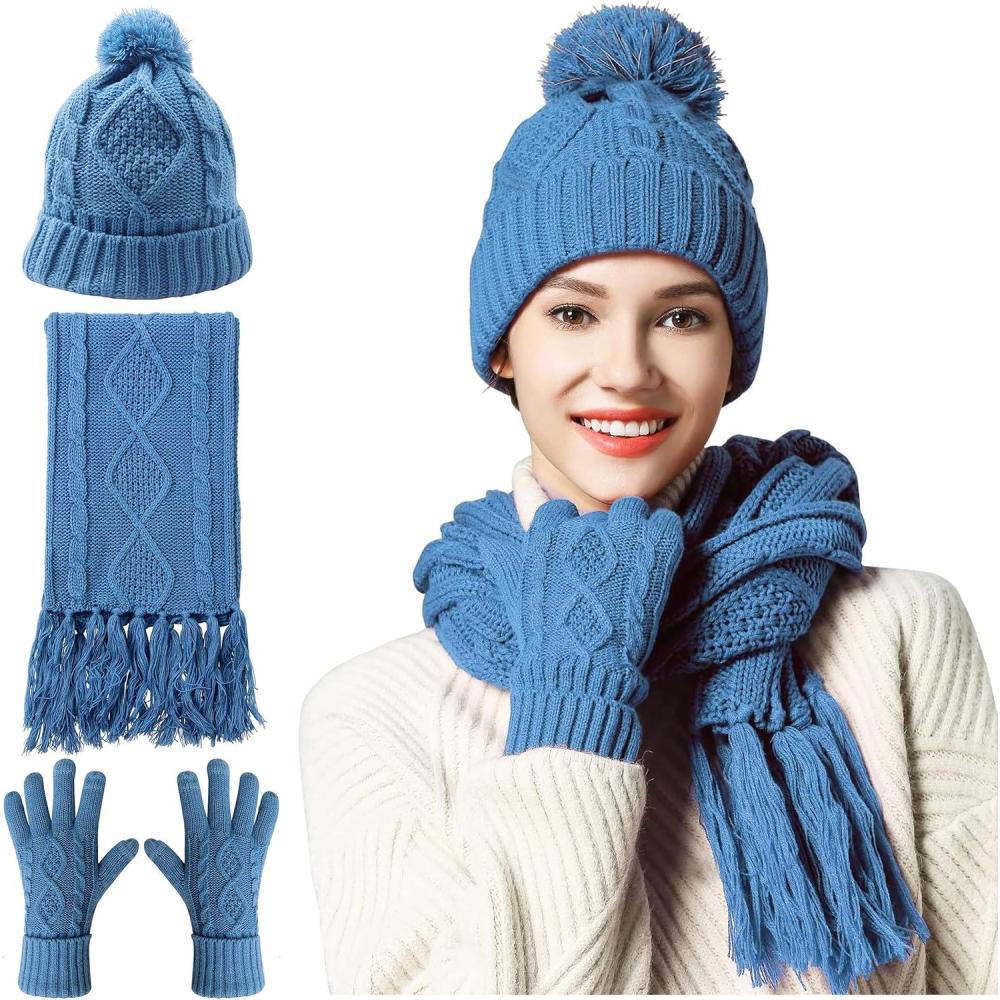 imageWinter Scarf Gloves and Hat Set for Women Beanie Hat Long Scarf Touchscreen Gloves Warm 3 in 1 Set for Womens GirlsBlue