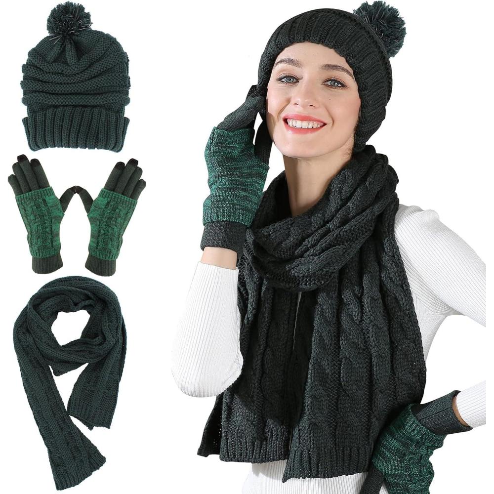 imageWinter Scarf Gloves and Hat Set for Women Beanie Hat Long Scarf Touchscreen Gloves Warm 3 in 1 Set for Womens GirlsGreen