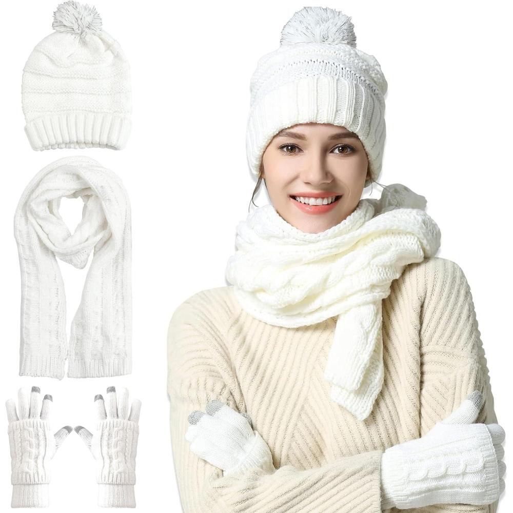 imageWinter Scarf Gloves and Hat Set for Women Beanie Hat Long Scarf Touchscreen Gloves Warm 3 in 1 Set for Womens GirlsWhite