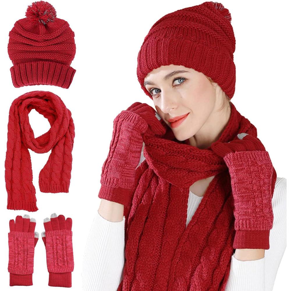 imageWinter Scarf Gloves and Hat Set for Women Beanie Hat Long Scarf Touchscreen Gloves Warm 3 in 1 Set for Womens GirlsWine Red