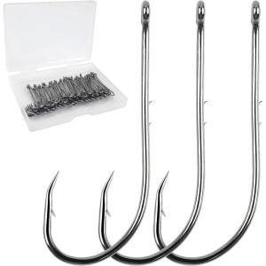 Baitholder Fishing Hooks, 50pcs Barbed Bait Holder Hooks Long Shank J Hooks Offset Black Carbon Steel Jig Fishing Hooks for Saltwater Freshwater Size 4-6/0(50pcs-6/0)