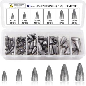 Bullet Sinkers Fishing Weights Kit, 29/83pcs Fishing Sinkers Weights Set Assorted Slip Sinker Worm Weights for Bass Fishing Saltwater Freshwater(83pcs-unpainted)