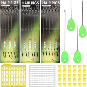 Carp Fishing Hair Rigs Kit – 18pcs High Carbon Steel Hook Rolling Swivel Boilies Carp Fishing Rigs with 2 Card Boilie Bait Stops 4 Sizes Stringer Needles 30pcs Soft Corn Baits
