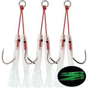 Fishing Assist Hooks Saltwater Double Assist Jigging Hook with Glow Teaser Stinger Hooks Replacement Dancing Butterfly Jig Fishing Hooks for Slow Pitch Jigs Vertical Jigging Lures