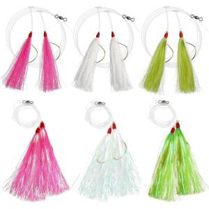OROOTL Fishing Bait Rigs Saltwater, 6pcs Fishing Rigs Flounder Rigs with Bucktail Teaser Mylar Teaser Saltwater Fishing Rigs Hi Lo Rig for Sea Bass Halibut Surf Ocean Fishing(Mixed-6pcs)