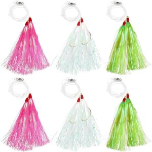 OROOTL Fishing Bait Rigs Saltwater, 6pcs Fishing Rigs Flounder Rigs with Bucktail Teaser Mylar Teaser Saltwater Fishing Rigs Hi Lo Rig for Sea Bass Halibut Surf Ocean Fishing(Flash Silk-6pcs)