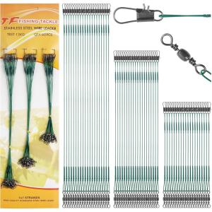 OROOTL Fishing Leaders Kit, 60pcs Stainless Steel Fishing Leaders Saltwater Wire Leader Lines with Swivels Snaps Fishing Tackle Lures Bait Hook Connector(Green-6″+8″+10″(60PCS))