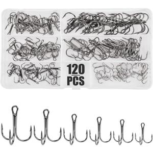 OROOTL Fishing Treble Hooks Kit, 120pcs Assorted Classic High Carbon Steel Treble Fishing Hooks Size 1 2 4 6 8 10 Round Bend Triple Hook for Saltwater Freshwater