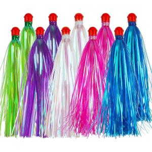 OROOTL Mylar Flash Teaser Tail Bucktail Teasers Weighted Jig Head Fishing Lures Mylar Fishing Skirt Hair Bait Jigs 3/8oz Bullet Sinkers Head with Bucktail Teaser 10pcs/Pack(Mixed-10pcs)