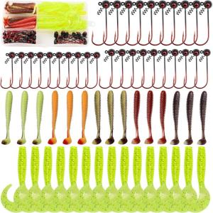 OROOTL Shaky Heads Grub Lures Kit, 60pcs Tungsten Shaky Head Jig Hooks Soft Baits for Bass Fishing Shakeyhead Jigs with Spring Screw Lock 1/4oz 1/8oz 1/16oz