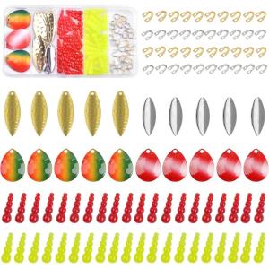 OROOTL Walleye Rig Making Kit Fishing Lure Making Supplies DIY Walleye Spinner Rig Crawler Harness Spinner Blades Stacked Fishing Beads Hooks for Trout Bass Salmon Walleye Fishing Kit, 100pcs(100pcs Kit)