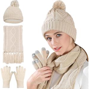Winter Scarf Gloves and Hat Set for Women, Beanie Hat Long Scarf Touchscreen Gloves, Warm 3 in 1 Set for Womens Girls(Beige)