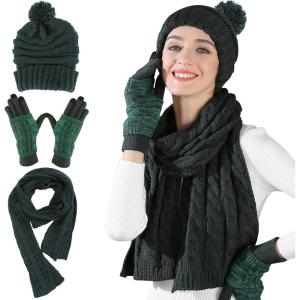 Winter Scarf Gloves and Hat Set for Women, Beanie Hat Long Scarf Touchscreen Gloves, Warm 3 in 1 Set for Womens Girls(Green)