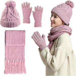 Winter Scarf Gloves and Hat Set for Women, Beanie Hat Long Scarf Touchscreen Gloves, Warm 3 in 1 Set for Womens Girls(Pink)