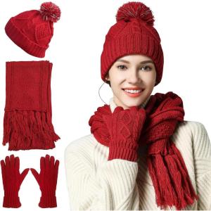 Winter Scarf Gloves and Hat Set for Women, Beanie Hat Long Scarf Touchscreen Gloves, Warm 3 in 1 Set for Womens Girls(Red)